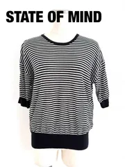 STATE OF MIND　ステートオブマインド　ボーダー半袖ニット　ドライタッチ　Sサイズ　ブラック　オフホワイト　カジュアル　美品　送料込み　6466266