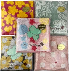ふわふわ タオルハンカチ セット販売 無撚糸 5枚セット タオルの萩原 ハンカチ 色柄おまかせ ラッピング付 huwahuwa-th-set (5, レディースタイプ)