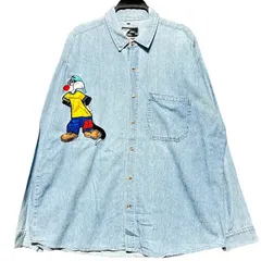 90s ルーニーテューンズ シルベスター 刺繍 デニムシャツ TOPLINE USA製ボディ キャラクター XL ライトブルー オーバーサイズ ビンテージ 古着 アメカジ ゆるだぼ ストリート 太アーム 長袖 / IA528のサムネイル