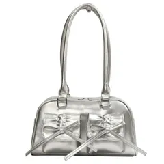 [Ergugos] ハンドバッグ レディース PUレザー リボン 蝶々結び レディース ショルダーバッグ 韓国 ファッション Y2K かわいい 肩掛けバッグ 手提げ 軽量 ソリッドカラー スクールバッグ 通学 通勤 パーティ 2次会 ドレス フォーマル (シル