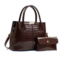 [NICOLE & DORIS] ハンドバッグ レディース クロコ型押し 2点セット 2WAY ショルダーバッグ 大容量 防水 人気 二層式 仕切り 底鋲付き ワニ柄 斜めがけ 手提げ 肩掛けカバン おしゃれ 結婚式 プレゼント コーヒー