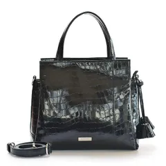 [バルコス] シャイニングレザー クロコダイル 型押し 2way ハンドバッグ ショルダーバッグ ブラック