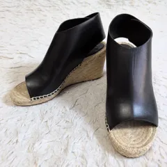美品✨CELINE セリーヌ 厚底 エスパドリーユ サンダル リネン 麻 ウエッジソール レザー ブラック 黒 オープントゥ 35