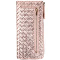 ［world closet］長財布 風の時代 L字ファスナー レディース 本革 ラム レザー 羊革 カード24枚収納可 超軽量100g 極薄1.5cm イントレチャート 軽い 薄い 大容量 取り外し可能ストラップ付 WC1802PG(ピンクゴールド)