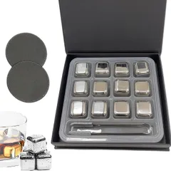 Yoseka アイスキューブ ステンレス 溶けない 氷 ワインクーラー ウィスキーストーン 酒 氷 ステンレスの氷 繰り返し使える ステンレスキューブ 二重構造 氷 ステンレスキューブ 12個セット コースター2枚 専用保存箱付き