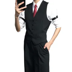 [KLGIRL] 執事 コスプレ メンズ スーツベスト 衣装 男装 仮装 男子 紳士服 5点セット 長袖シャツ ズボン ネクタイ アームバンド付き コスチュームセット 文化祭 学園祭 イベント パーティー black L