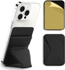 tuulaasii For スマホスタンド カードケース 粘着型 貼り付け スマホ背面スタンド 手帳型 背面カード収納 カードポケット カード入れ iPhoneカードケース 薄型 軽量 折り畳み式 ホルダー ICカード 落下防止 ヴィーガンレザー 滑り止め i