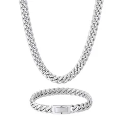 KRKC&CO 喜平ネックレスとブレスレットセット メンズ 幅8mm マイアミキューバンチェーン 18kgp キヘイ 4面カット アクセサリー HIPHOP プレゼント 誕生日 ギフト クリスマス（シルバー（61cm+20.3cm））