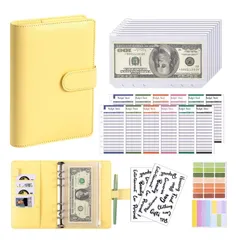 TVETE 貯金バインダー お札 貯金箱 マグネット開閉式 ルーズリーフ式 財布 A6バインダー ラベル付き 収納フォルダー PUレザー製 家計管理 ファイル お金管理 手帳 封筒貯金 家計簿セット イエローカバー 財務管理ツール