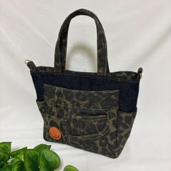 トートバッグ デニムリメイク ヒョウ柄 豹柄 ハンドメイド サイド