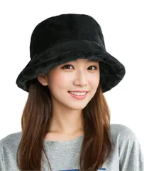 [kanaelun] バケットハット 帽子 レディース もこもこ ベーシック バケハ 漁夫帽 ファーハット 羊毛 無地 ボア ぼうし スウェード 折りたたみ かわいい ふわふわ 女の子 自転車 キャンプ フェイクフ [ふわふわブラック] [Free Size]