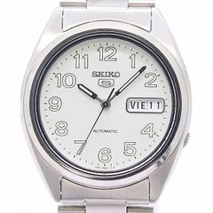 稼働 SEIKO5 自動巻き 白文字盤 デイデイト 英語スペイン語 メンズ時計