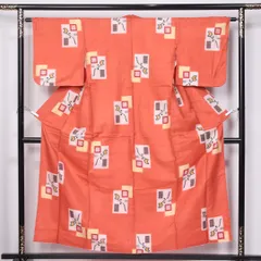 アンティーク 紬 袷 身丈154cm 裄丈62cm 正絹 Aランク バチ衿 Sサイズ 創作柄 個性的 大正ロマン 朱系 HP 1223-11474