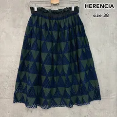 美品 HERENCIA ヘレンチア 幾何学 三角 トライアングル 総レース フレア スカート ブルー グリーン 膝丈 ミモレ丈 裏地付 ウエストゴム 1763171 サイズ38 透け感 華やか 個性的 レトロ モダン 大人 カジュアル きれい ★ ■◆のサムネイル