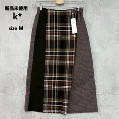 新品未使用 k* ケイ 30829E-1 チェック柄 千鳥格子 切替 ラップ風 ロングスカート ブラウン系 ウエストゴム sizeM 膝下丈 ミモレ丈 ボトムス 台形 パッチワーク デザイン カジュアル きれいめ 大人 フェミニン レイヤード風 ★ ■◆