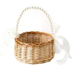 新品 siawadeky 藤編み 収納バスケット 花かご フラワーバスケット ウェディングフラワー 花器 リポン パール 持ち手付き 手提げ かごバッグ 小物入れ お出かけ 結婚式 披露宴 花嫁 パーティー アクセサリー フラワー 収納 展示 写真撮影 装飾