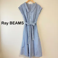 Ray BEAMS ストライプ シャツワンピース 半袖 ウエストリボン ブルー