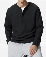 ユニクロ ワッフル ヘンリーネック 黒 XL