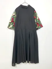 merlot plus メルロー 袖レース 花刺繍 ハイネック ドレス ワンピース 黒 ■■ レディース
