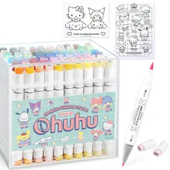 新品 サンリオキャラクターズ× Ohuhu イラストマーカー 筆タイプ 筆・細字 80色81本 プロ愛用 パステルカラー 薄色 マーカーペン アルコール系 ブレンダーペン1本付き Honolulu Bシリーズ