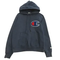 良品 Champion チャンピオン パーカー フーディ スウェット プルオーバー パイル ビッグロゴ S ネイビー メンズ 古着 中古 USED