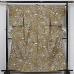 小紋 袷 身丈159cm 裄丈64cm 正絹 Sランク インフォーマル 広衿 Mサイズ ぼかし 鼓 花柄 吉祥文様 繊細 ボタニカル 緑系 RP 1221-11980