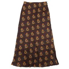 美品 SOULEIADO ソレイアード レーヨンキュプラ 総柄 プリント ロングスカート マキシ丈 セミタイト 36 ダークブラウン レディース 古着 中古 USED