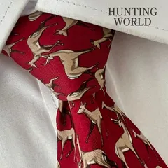 《美品》HUNTING WORLD (ハンティングワールド) シルクネクタイ イタリア製 総柄 動物 鹿 レッド ベージュ ブラウンのサムネイル