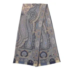 新品同様 ETRO エトロ ウールシルク ペイズリー 総柄 大判ストール ショール スカーフ ジャガード 紺 ネイビー ベージュ メンズ レディース 古着 中古 USED