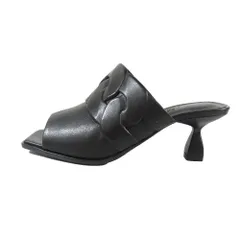 未使用 HERMES エルメス ハンナ95 シェーヌ・グルメットモチーフ レザー サンダル 靴 シューズ ブラック 36.5 レディース 古着 中古 USED