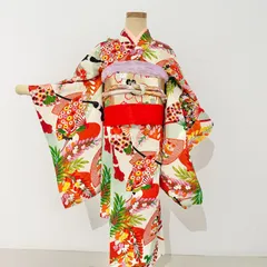 T515　アンティーク　七五三　7歳女の子　着物　四つ身　レトロ　草花　長襦袢　作り帯セット　帯揚げ帯締めしごき付き　ビンテージ　#きもの猫田