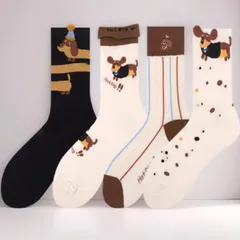 セール☆ダックス靴下4足セット レディース ソックス スニーカーソックス 可愛い 新品未使用 犬 ブラウン ダックスフンド