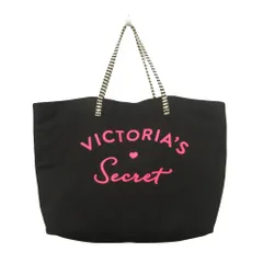 美品 Victoria's Secret ヴィクトリアズシークレット ビッグ トート ハンド バッグ 鞄 キャンバス ロゴ プリント 黒 ブラック レディース 古着 中古 USED