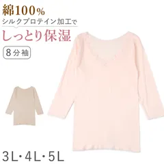 レディース 綿100% 8分袖 インナー 長袖 大きいサイズ シャツ スリーマー 3L 4L 5L コットン シルクプロテイン 保湿 婦人 肌着 女性 下着 レース