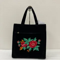 1586　FEILER　フェイラー　シュニール織り　タオル地　トートバッグ　ハンドバッグ　黒　ブラック　スクエア型　花　花柄　フラワー　薔薇　ローズ