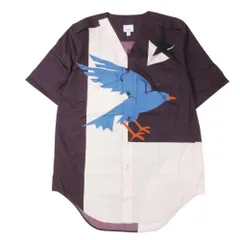 新品同様 22aw BURBERRY バーバリー ノーカラー バードプリント シャツ ベースボールシャツ カットソー 羽織 M ボルドー×ベージュ メンズ 古着 中古 USED