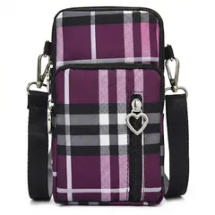 【新品】 [Honesty Mouth] スマホポーチ ケース 斜めがけ ミニ ショルダー バッグ アームポーチ 防水 レディース かわいい ハート形 プラー(引き手) (13:パープルチェック) 0