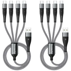 【2本セット】 4 in 1高耐久編組ナイロン多機能充電ケーブル、USB C急速充電ケーブル、PD+QC対応 3.1A急速充電 4種類のインターフェースTypeC*4 を持ち、4台の設備の同時充電をサポートしPhone17 16 15/Switch/Goo 1