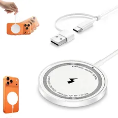 ワイヤレス充電器 マグネット式 Phone17/16/15/14/13/12シリーズに対応 マグセーフ 急速 超薄型 無線充電器 超軽量 15W急速 強力吸着 置くだけ充電 デュアルUSB-A/C入力ポート 1m付き 白 1
