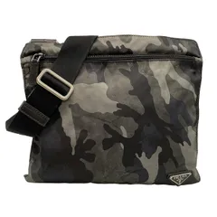 PRADA(プラダ) ショルダーバッグ - グリーン×黒×マルチ 迷彩柄/革タグ レザー