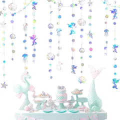 海の生き物 ガーランド 4本セット 飾り付け 人魚 貝殻 ヒトデ クラゲ ペーパーガーランド キラキラ 誕生日 結婚式 クリスマス パーティー 壁飾り 幼稚園 デコレーション (オーロラ B)