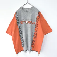 古着リメイクTシャツ　グレー×オレンジ　フロントギャザーフリル　ゆったり幅　プリントTシャツ　レディーストップス
