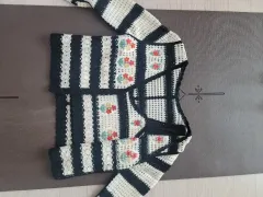 編み物 花柄 ストライプ カーディガン