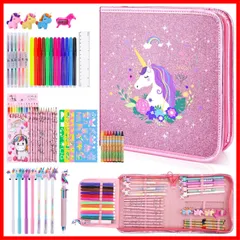 ユニコーン鉛筆ケース アート着色お絵かきセット 子供のための画材キット 文房具セット フルーツの香りのマーカーセット 色鉛筆 塗り絵キット クレヨン マーカー お絵かきセット 子供のため最高な誕生日プレゼント 56PCS (ユニコーン２)のサムネイル