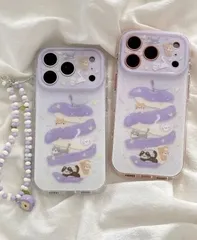面白い猫＆皮むきアップルデザイン パープル iPhoneケース ブレスレット付き iPhone17 Pro Max / 17 / 16 Pro Max / 15 Pro / 14 対応 かわいい スマホケース