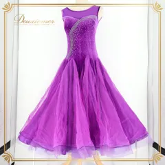 社交ダンス 衣装 ドレス ワンピース パープル系 ラインストーン ベロア ノースリーブ 袖なし 光沢 ボリューム 鮮やか 紫 高級感 上品 華やか かわいい キラキラ ダンス衣装 イベント ステージ シンプル