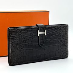 美品】エルメス クロコダイル 折財布 黒 ブラック レザー カード お札