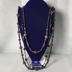 【3点セット】ビーズネックレス ロング 1連～3連 重ね付け 単品使いも可 黒 紫 ダークカラー レトロ レディースアクセサリー■S337