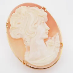 V337 シェルカメオ 作家サイン有 ブローチ 女性横顔 ゴールドカラー デザイン ヴィンテージ