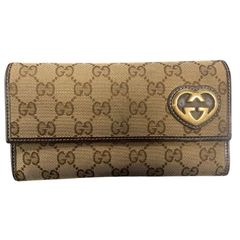 GUCCI☆長財布☆キャンバス×レザー☆ラブリーハート☆ベージュ×茶色系